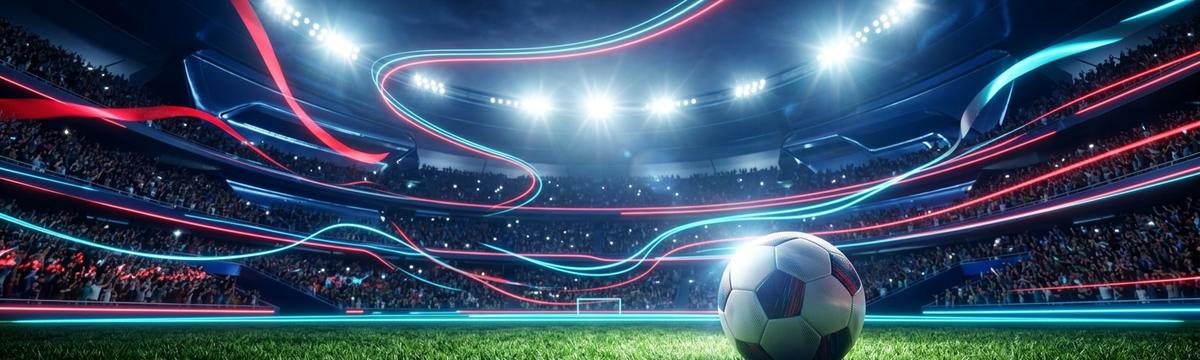 Fußballstadion bei Flutlicht mit Ball auf dem Rasen und Fans auf den Rängen