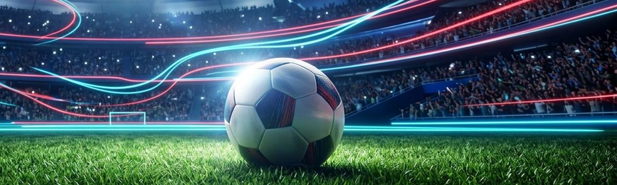 Fußballstadion bei Flutlicht mit Ball auf dem Rasen und Fans auf den Rängen